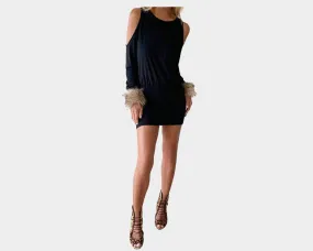 .1 Black and Sunset Taupe Cold Shoulder Fur Sleeves Dress - The Roma Il Pelame