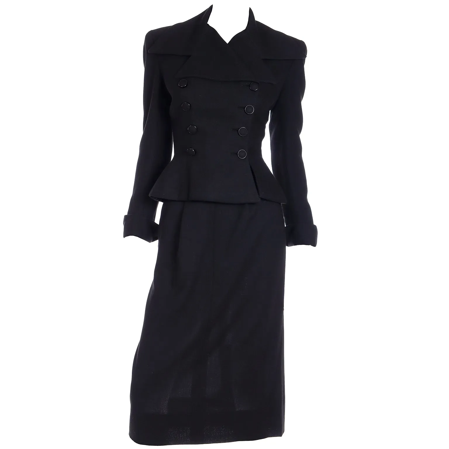 1947 Adele Simpson Documented Black Wool Cinched Waist Jacket w Skirt