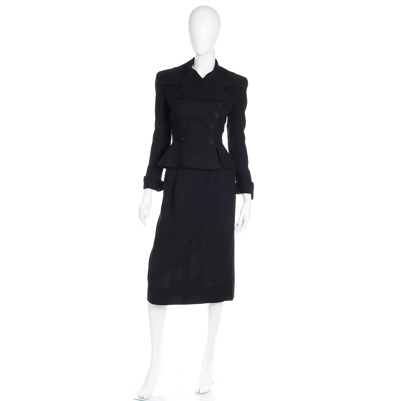 1947 Adele Simpson Documented Black Wool Cinched Waist Jacket w Skirt