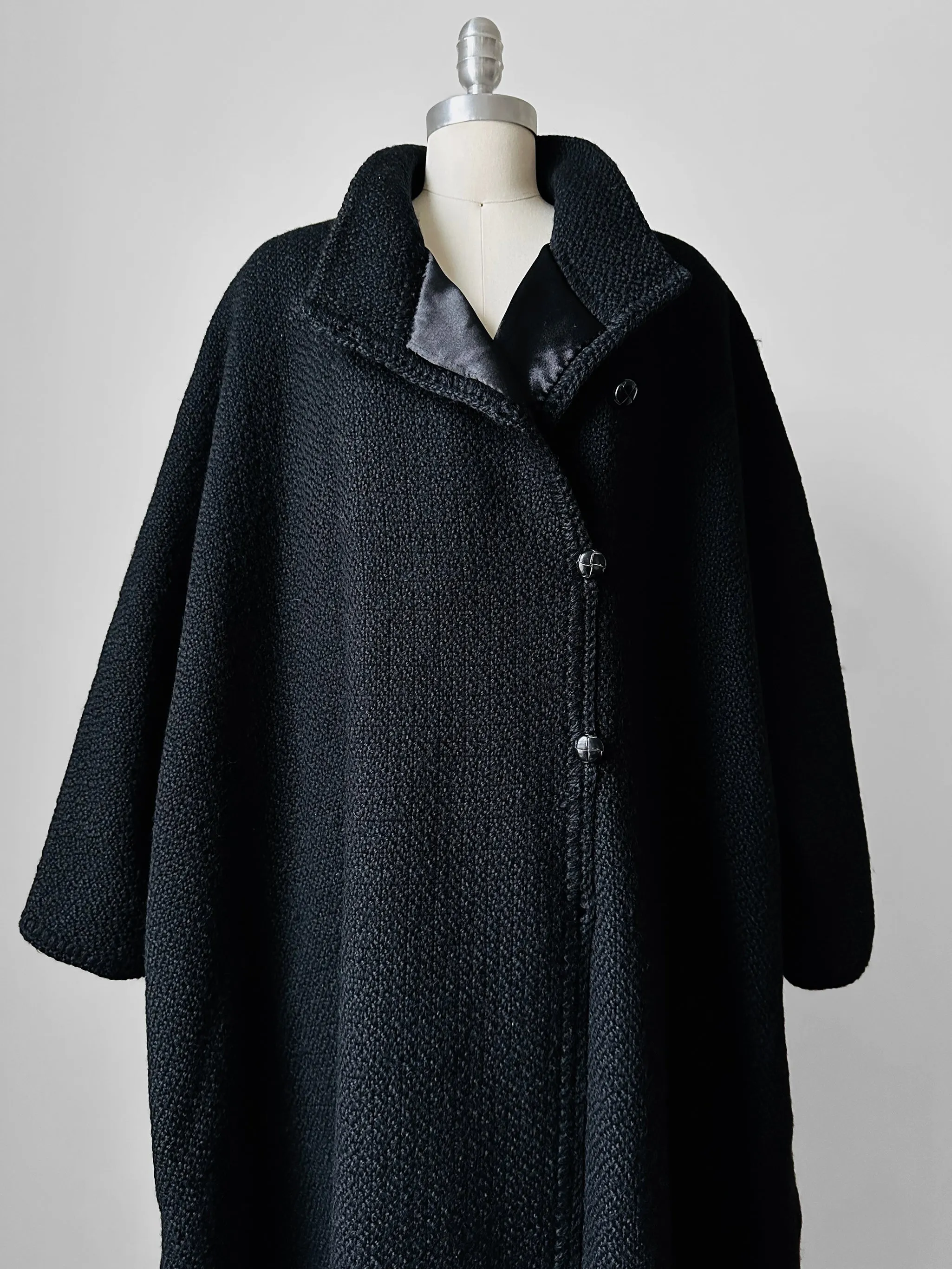 1980s Black Wool Full Length Wrap Shawl Coat