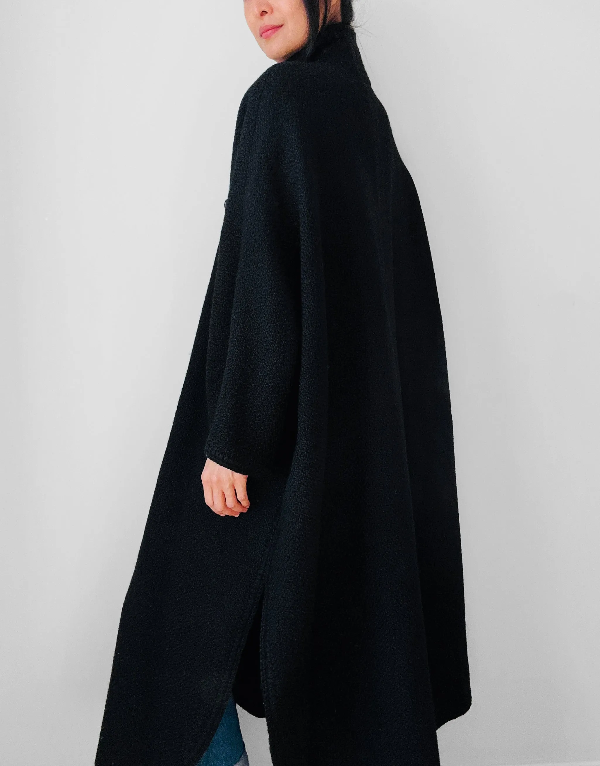 1980s Black Wool Full Length Wrap Shawl Coat