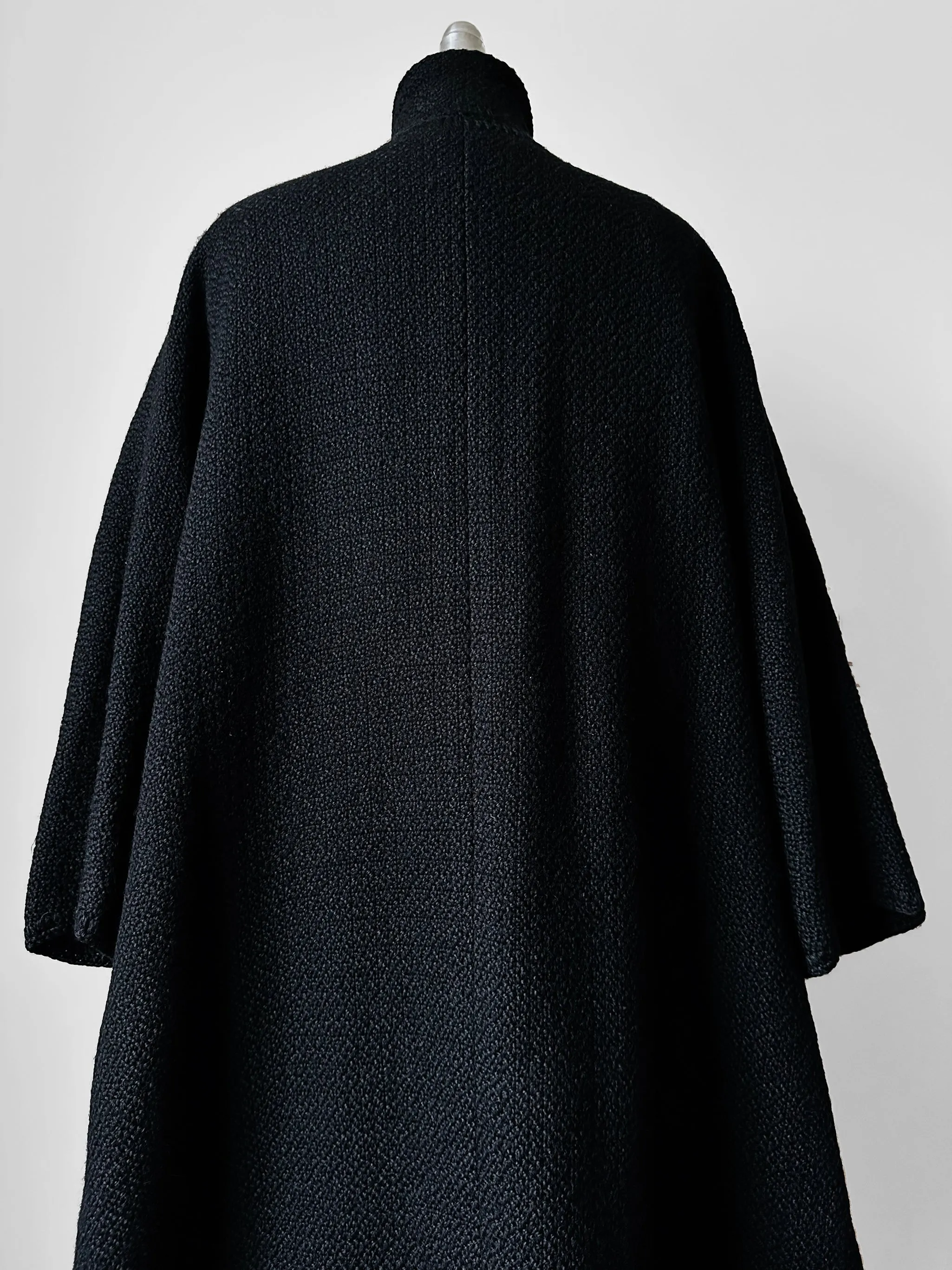 1980s Black Wool Full Length Wrap Shawl Coat