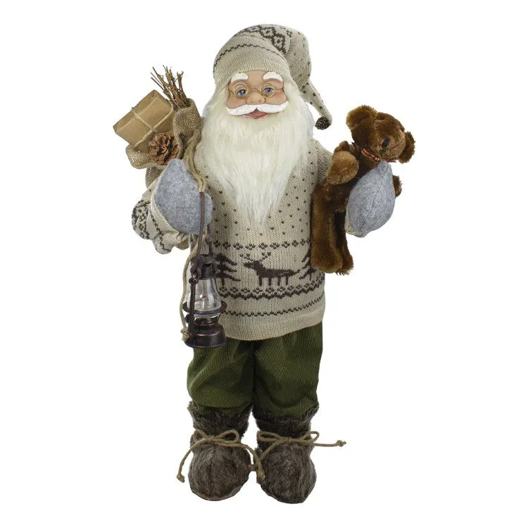 2' Standing Santa Christmas Figurine with a Plush Bear and Lantern