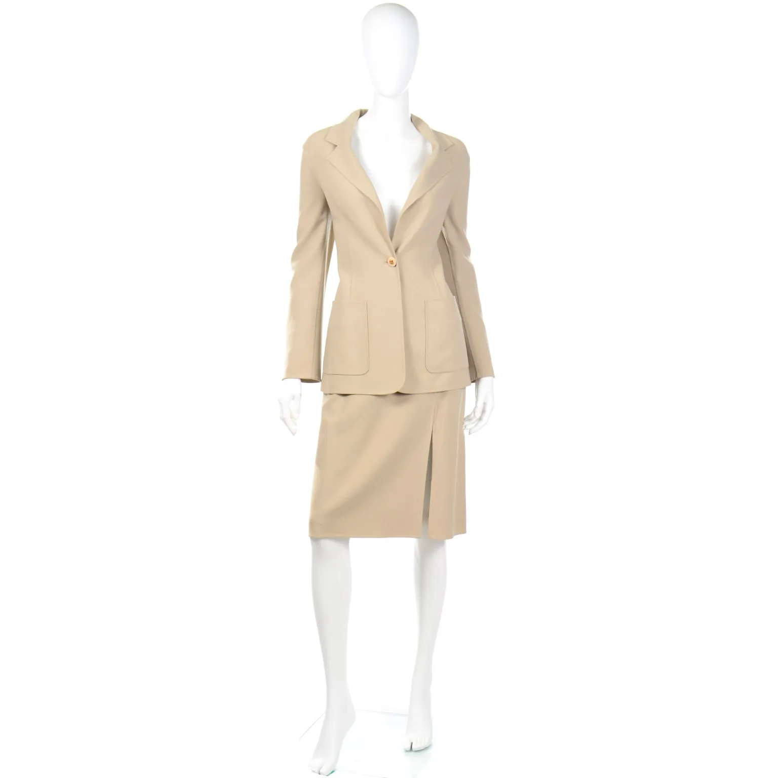 2000s Celine Sand Beige Wool Blend Skirt & Jacket Suit