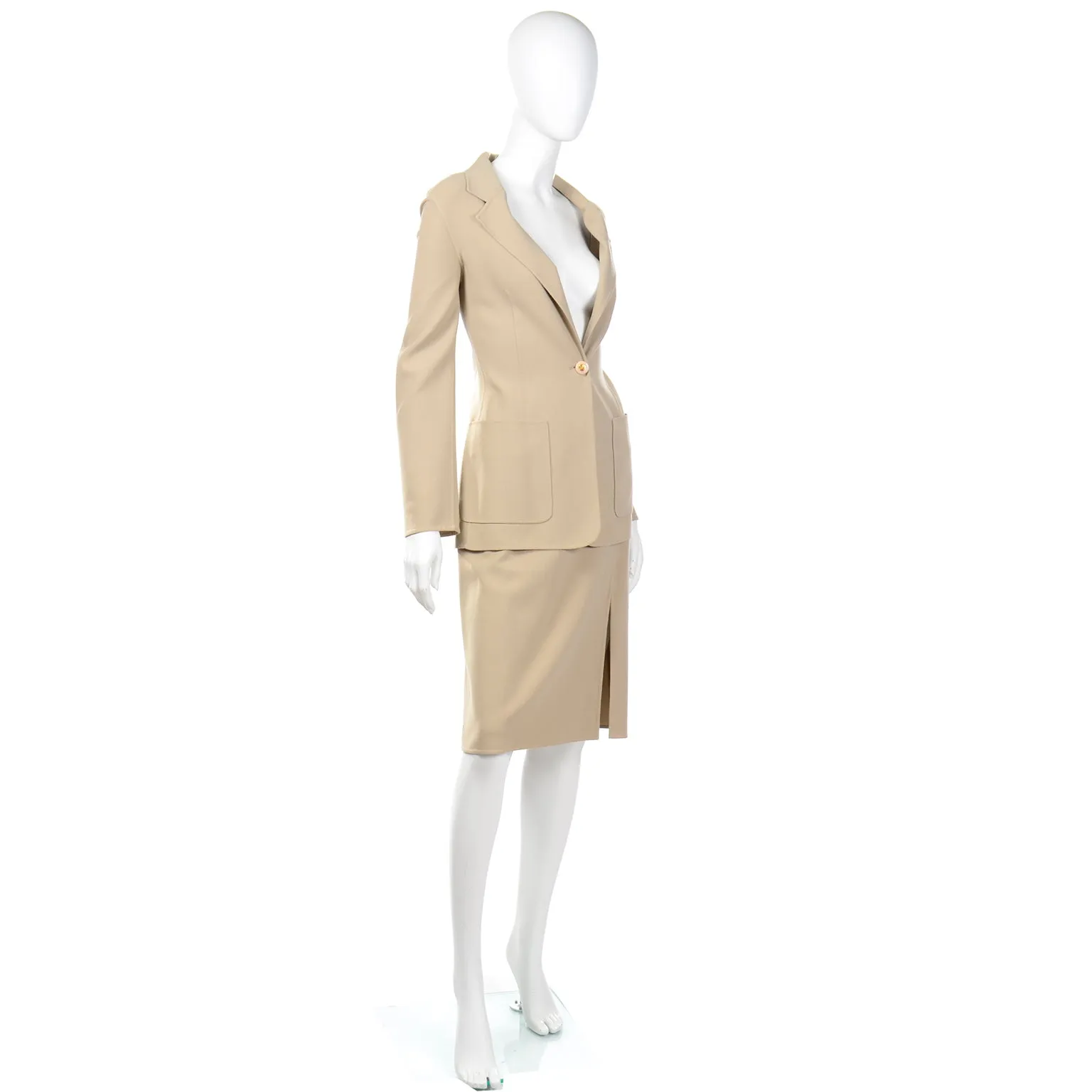 2000s Celine Sand Beige Wool Blend Skirt & Jacket Suit