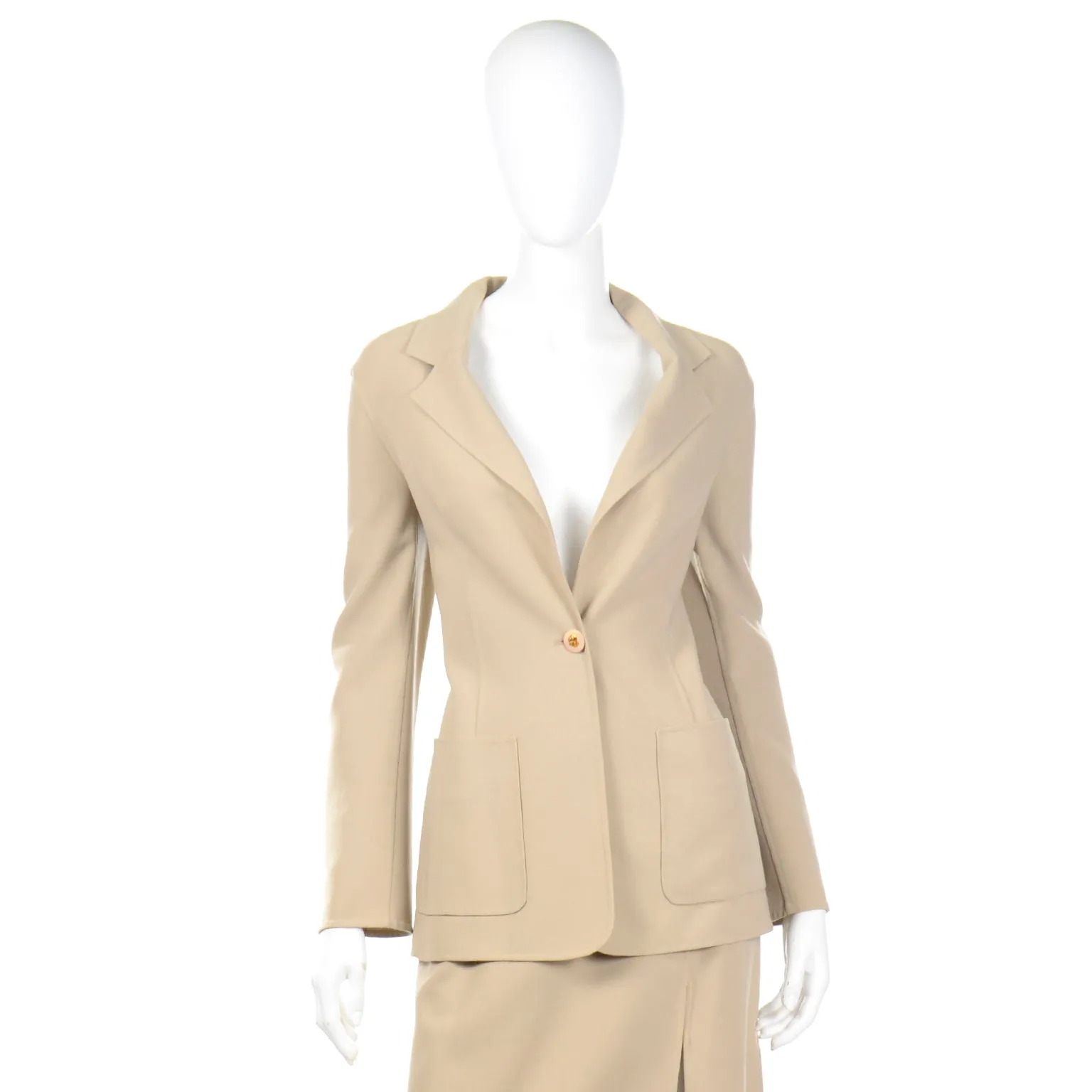 2000s Celine Sand Beige Wool Blend Skirt & Jacket Suit