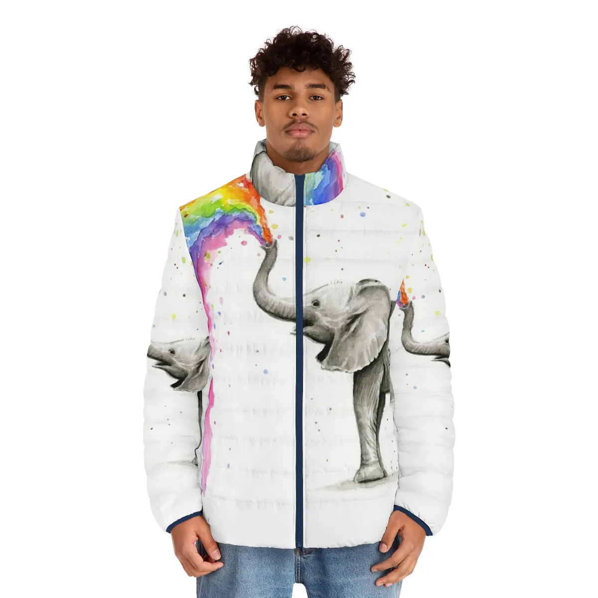 Adorable Baby Elephant Spraying Rainbow Puffer Jacket for Kids