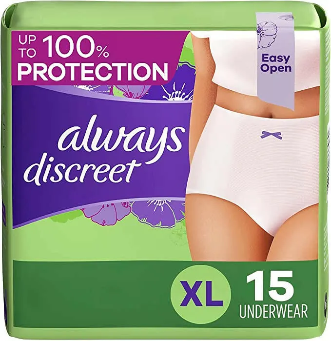 Always Discreet, Incontinence & Postpartum Underwear For Women, Classic Cut, Size X-Large, Maximum Absorbency, Disposable, 15 Count