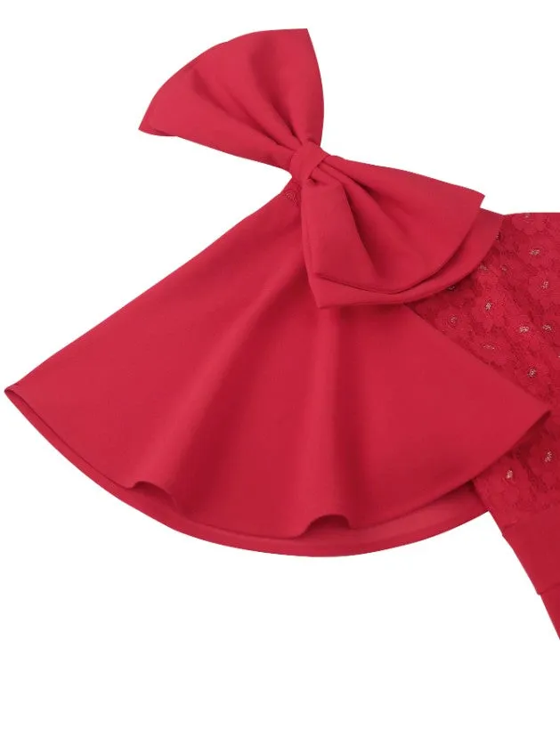 AOMEIDRESS Red V Neck Dress Butterfly Sleeves Bowtie Lace Patchwork