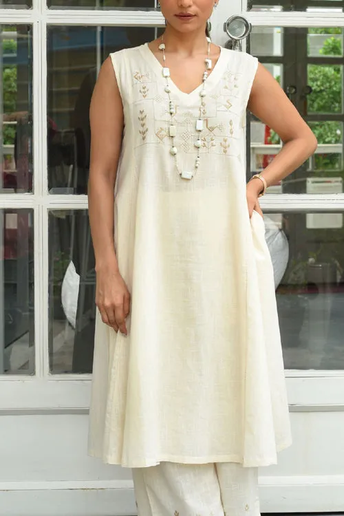 Bagh Cotton V Neck Off White Hand Embroidered Dress