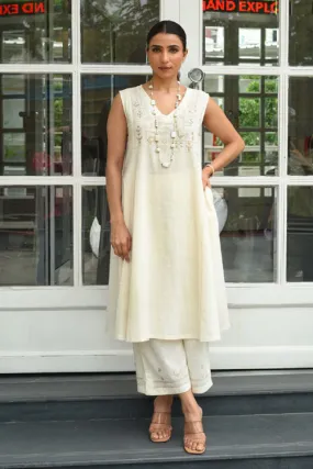 Bagh Cotton V Neck Off White Hand Embroidered Dress