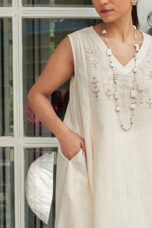 Bagh Cotton V Neck Off White Hand Embroidered Dress