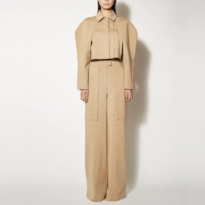 Beige structure signature pleated crop jacket