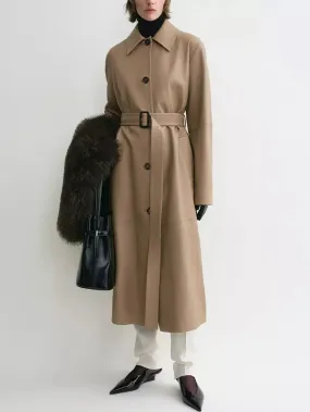 Belted Single-Breasted Leather Coat in Truffle