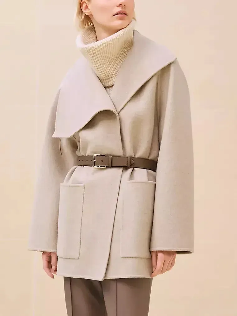 Belted Wool Cashmere Short Coat with Leather Tab in Light Taupe