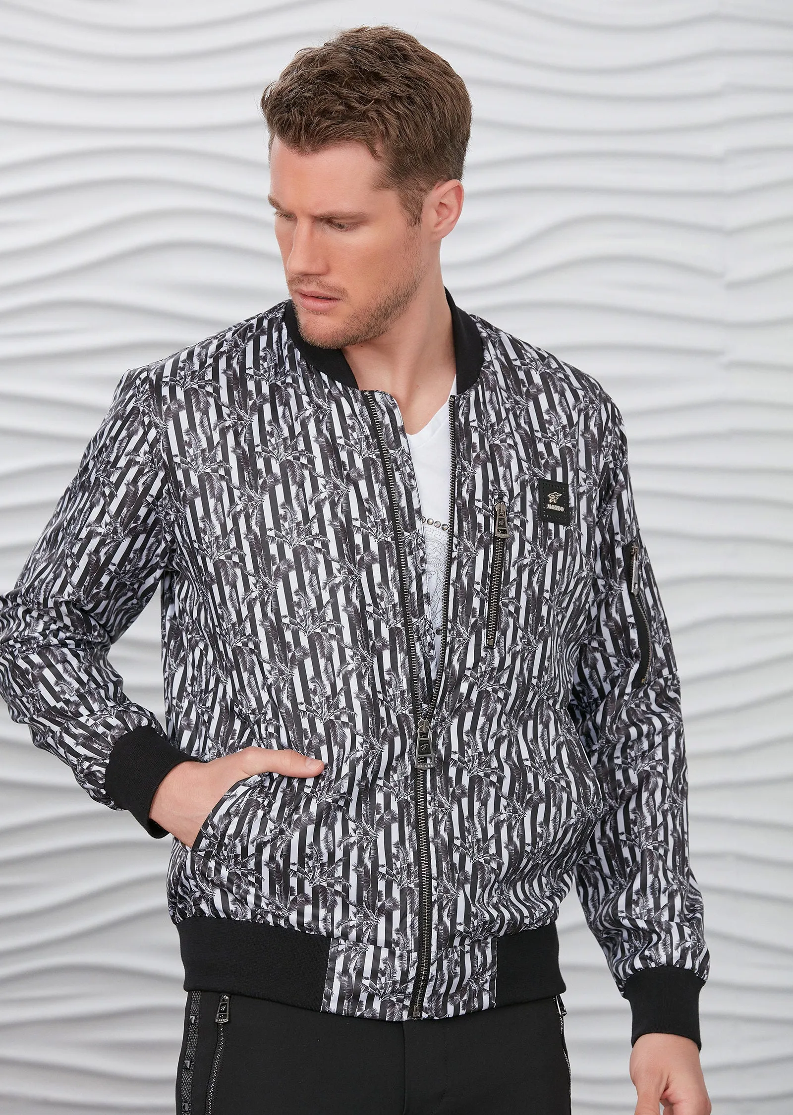 Black Palm Print Bomber Jacket