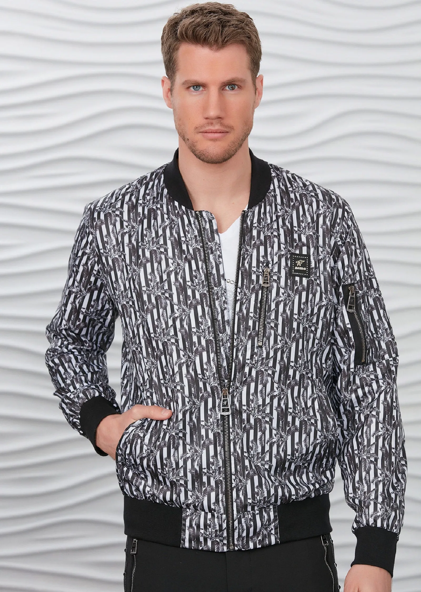 Black Palm Print Bomber Jacket