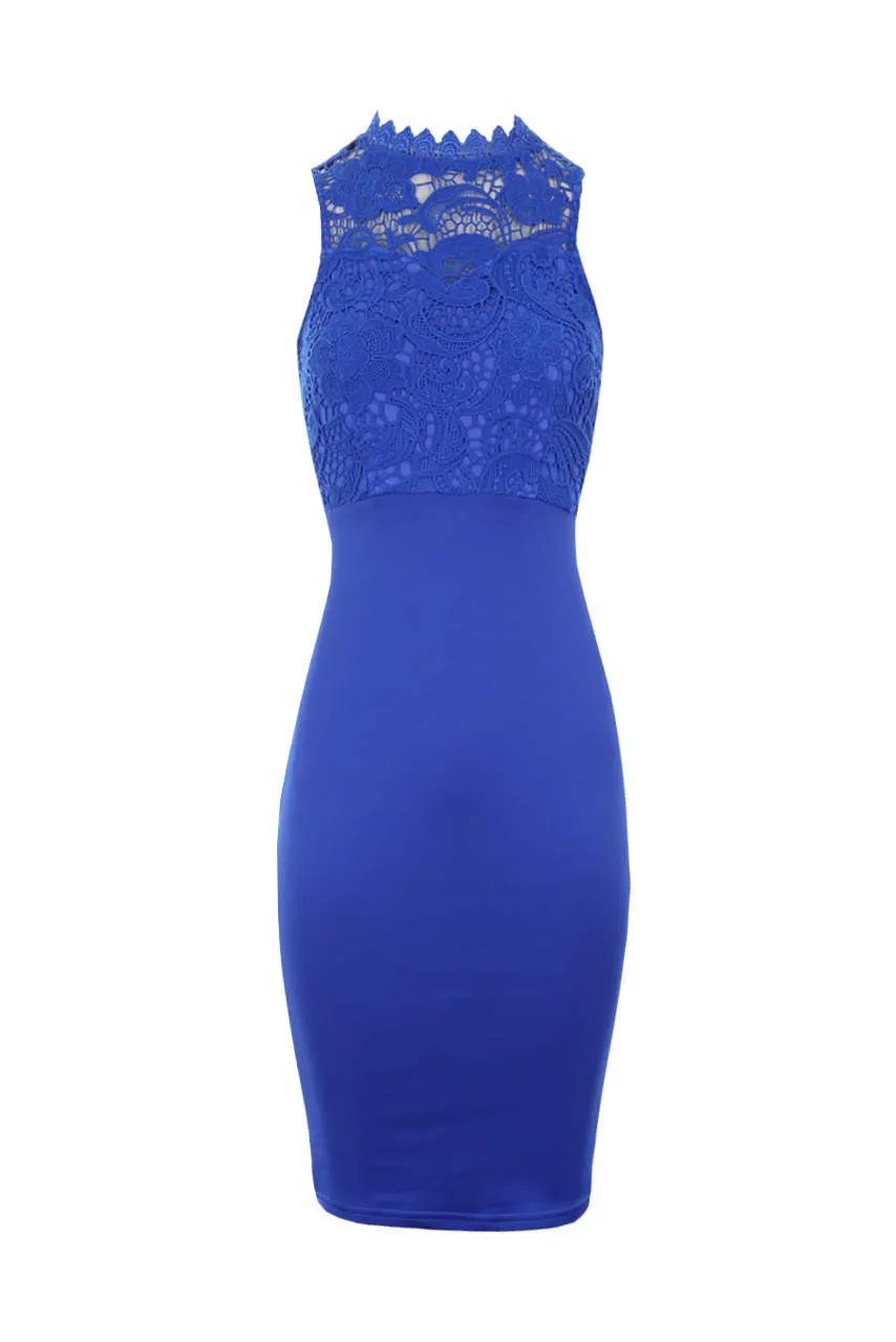 Blue High Neck Crochet Bodycon Dress