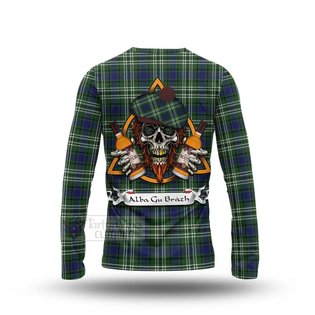 Blyth Tartan Long Sleeve T-Shirt with Family Crest and Bearded Skull Holding Bottles of Whiskey