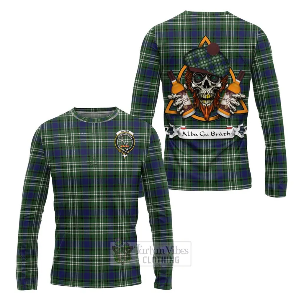 Blyth Tartan Long Sleeve T-Shirt with Family Crest and Bearded Skull Holding Bottles of Whiskey