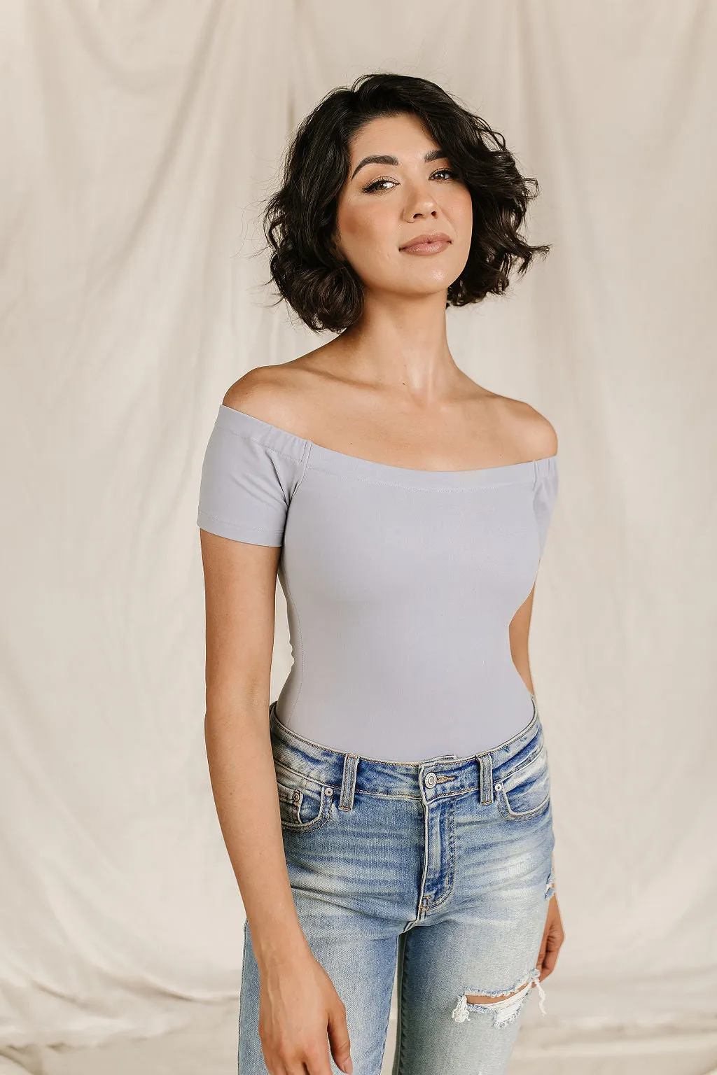 Bodysuit - Short Sleeve Off The Shoulder - Light Grey