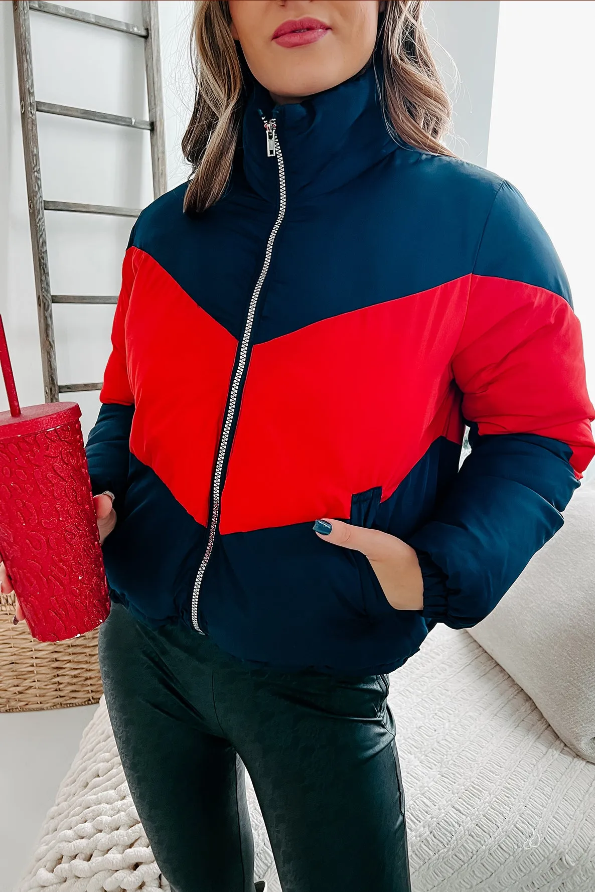 Brave The Chill Chevron Puffer Jacket (Navy/Red)