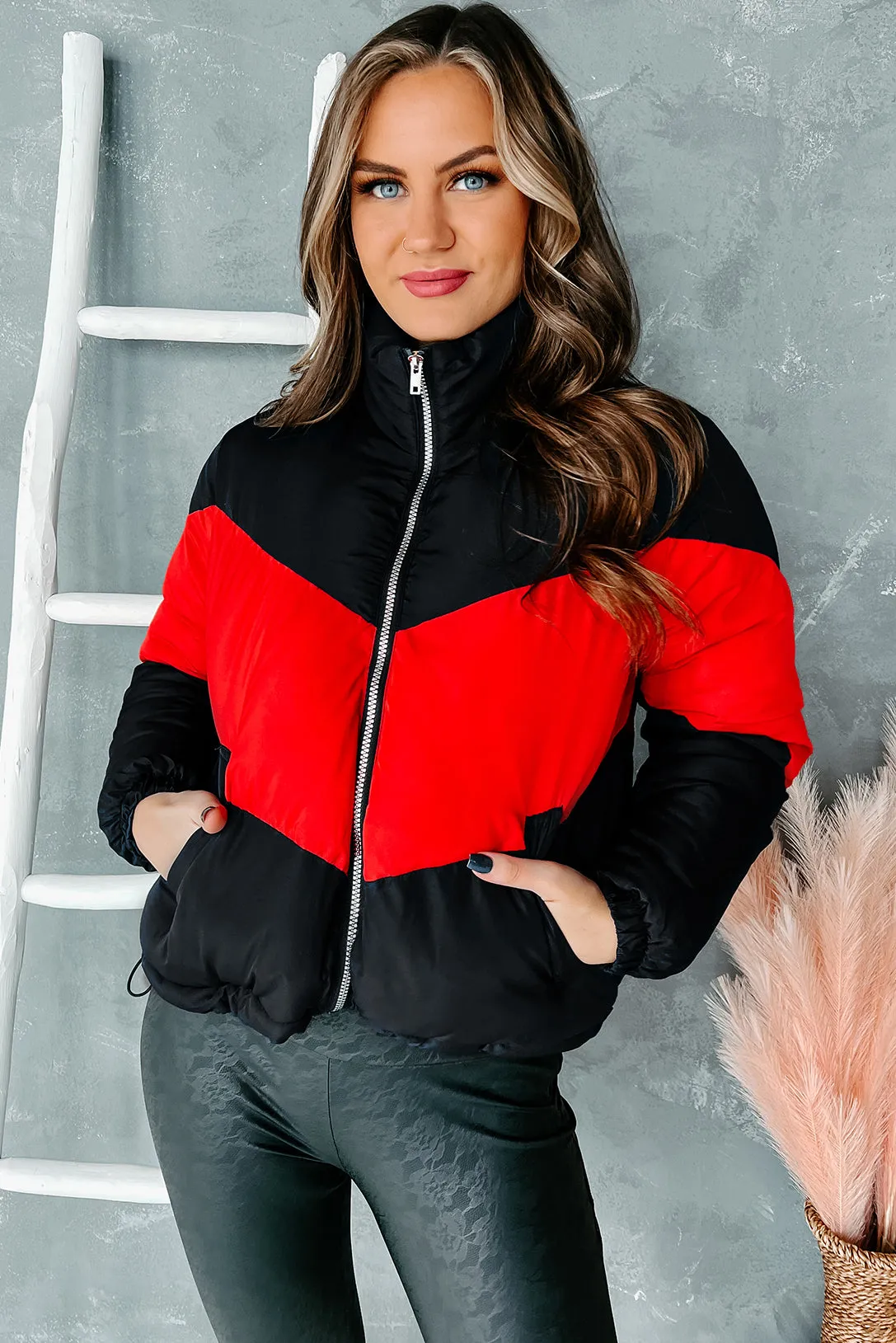 Brave The Chill Chevron Puffer Jacket (Navy/Red)