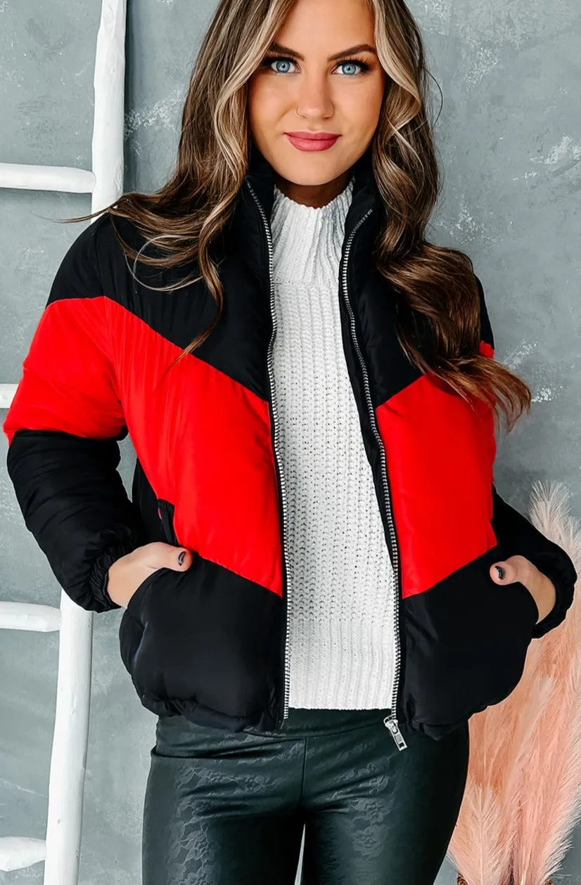 Brave The Chill Chevron Puffer Jacket (Navy/Red)