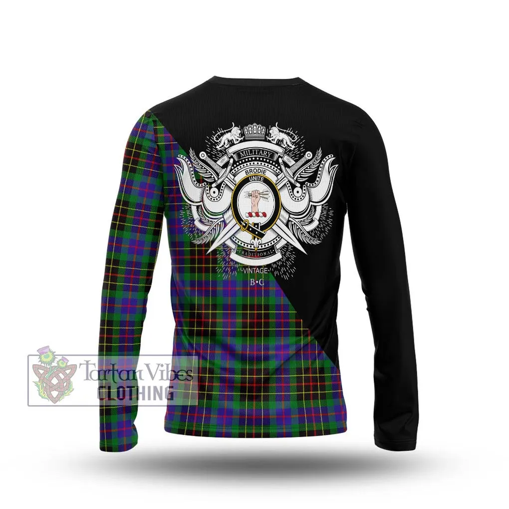 Brodie Hunting Modern Tartan Long Sleeve T-Shirt with Family Crest and Military Logo Style