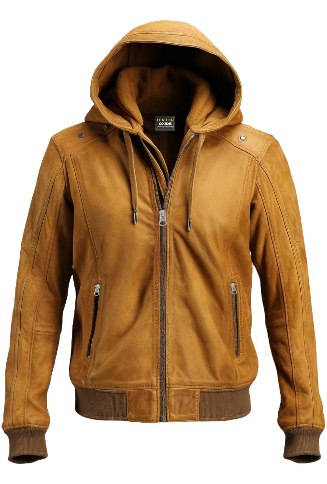 Camel Brown Hooded Suede Leather Jacket