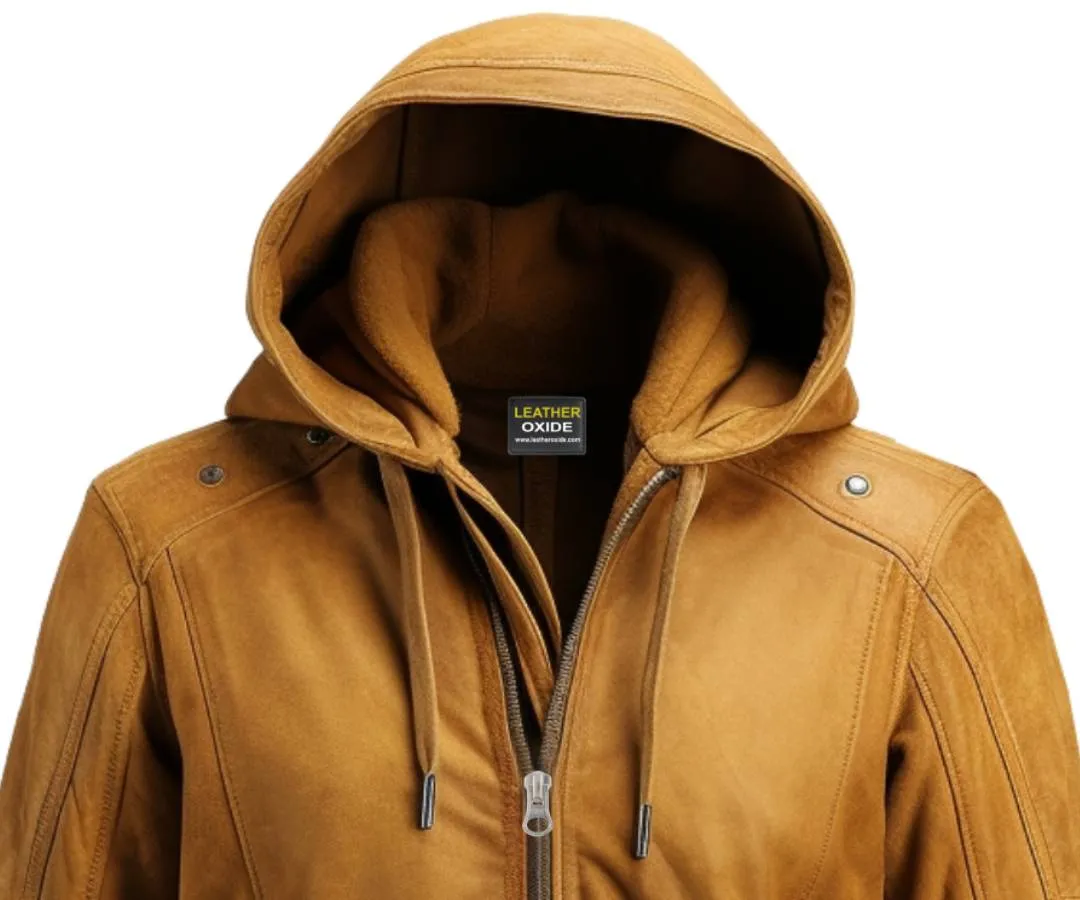 Camel Brown Hooded Suede Leather Jacket