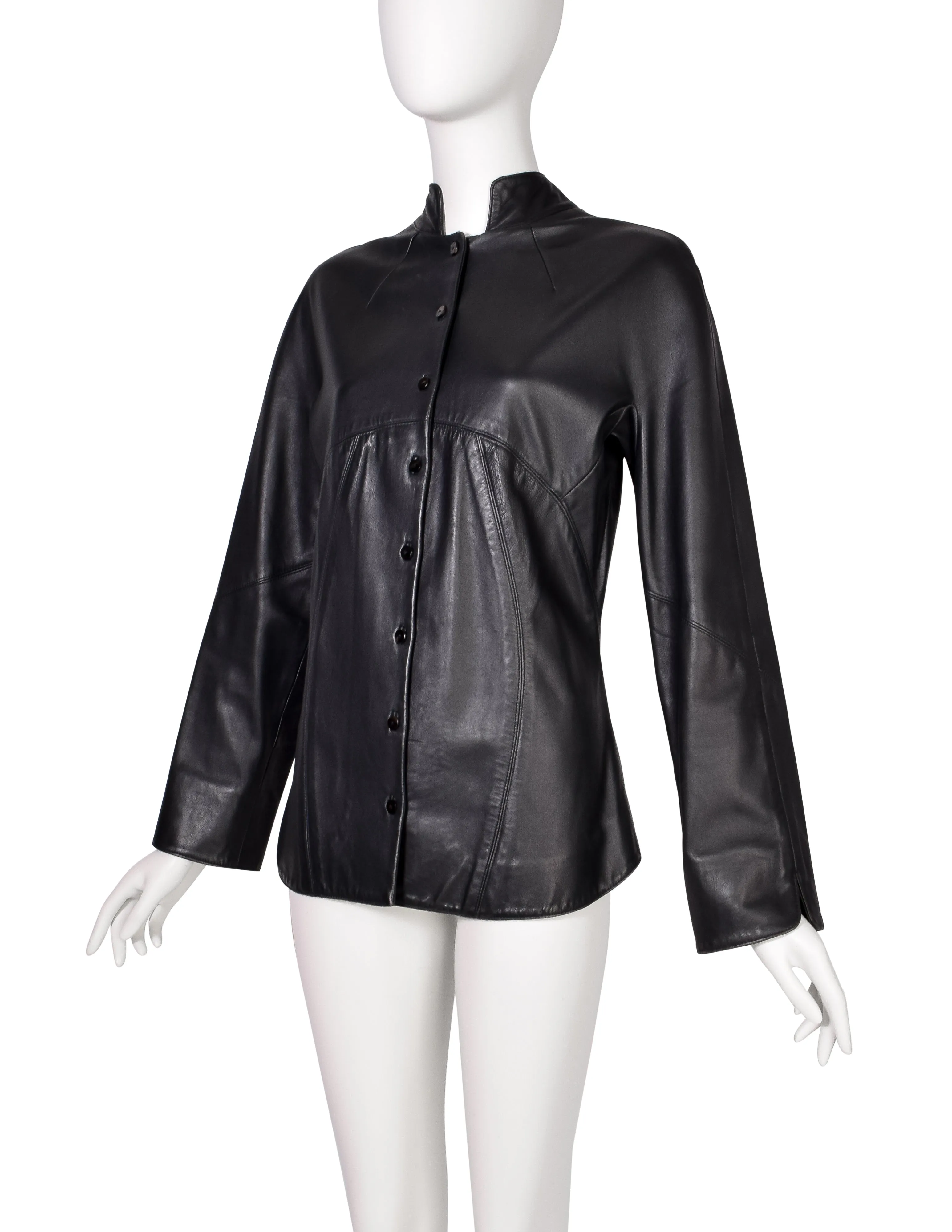 Chado Ralph Rucci Vintage Blue Black Paneled Leather Jacket