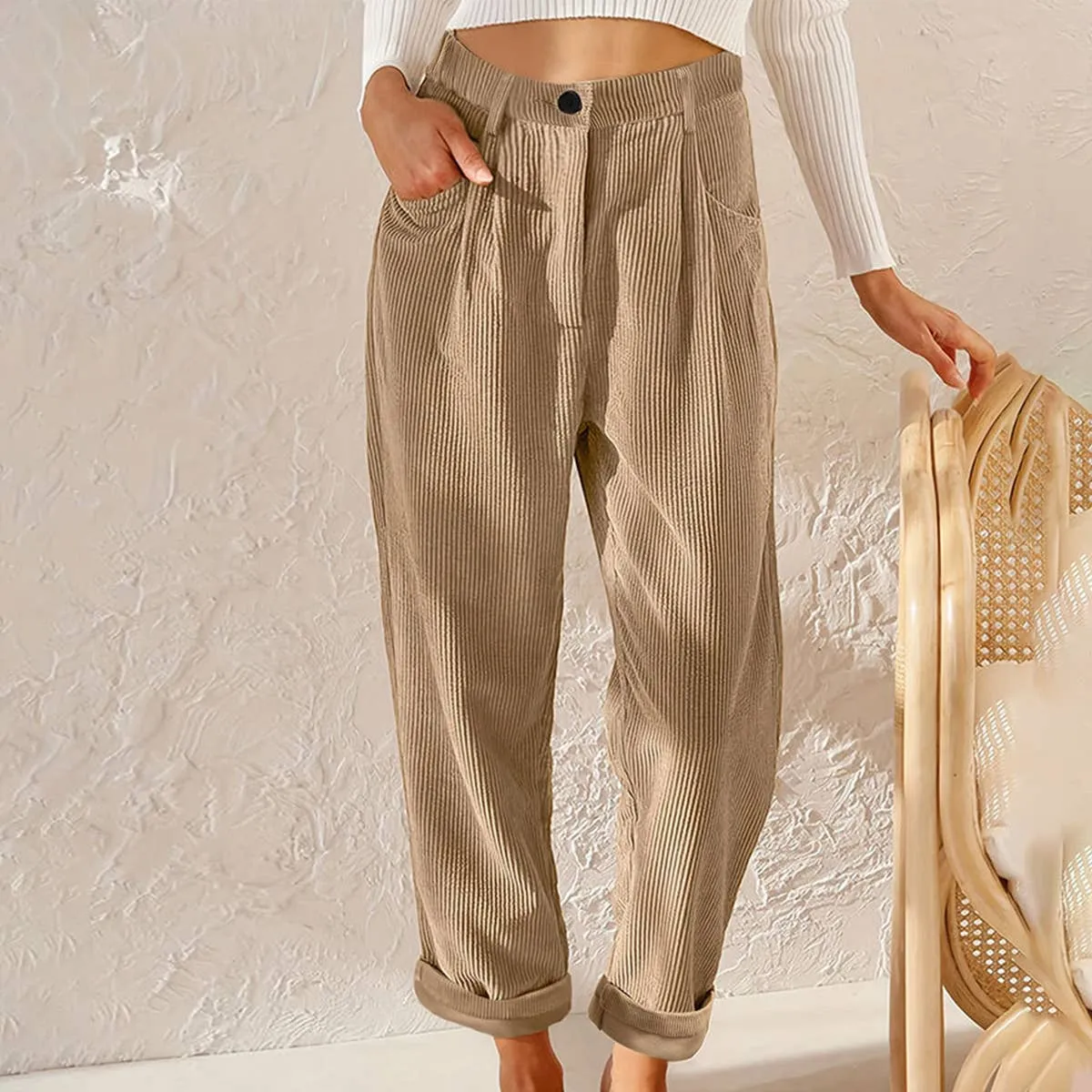 CORDUROY HIGH WAISTED STRAIGHT LEG PANTS_CWBLP0643