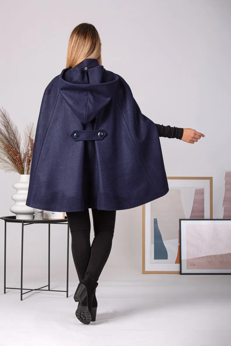 Dark Navy Hooded Wool Cape Coat