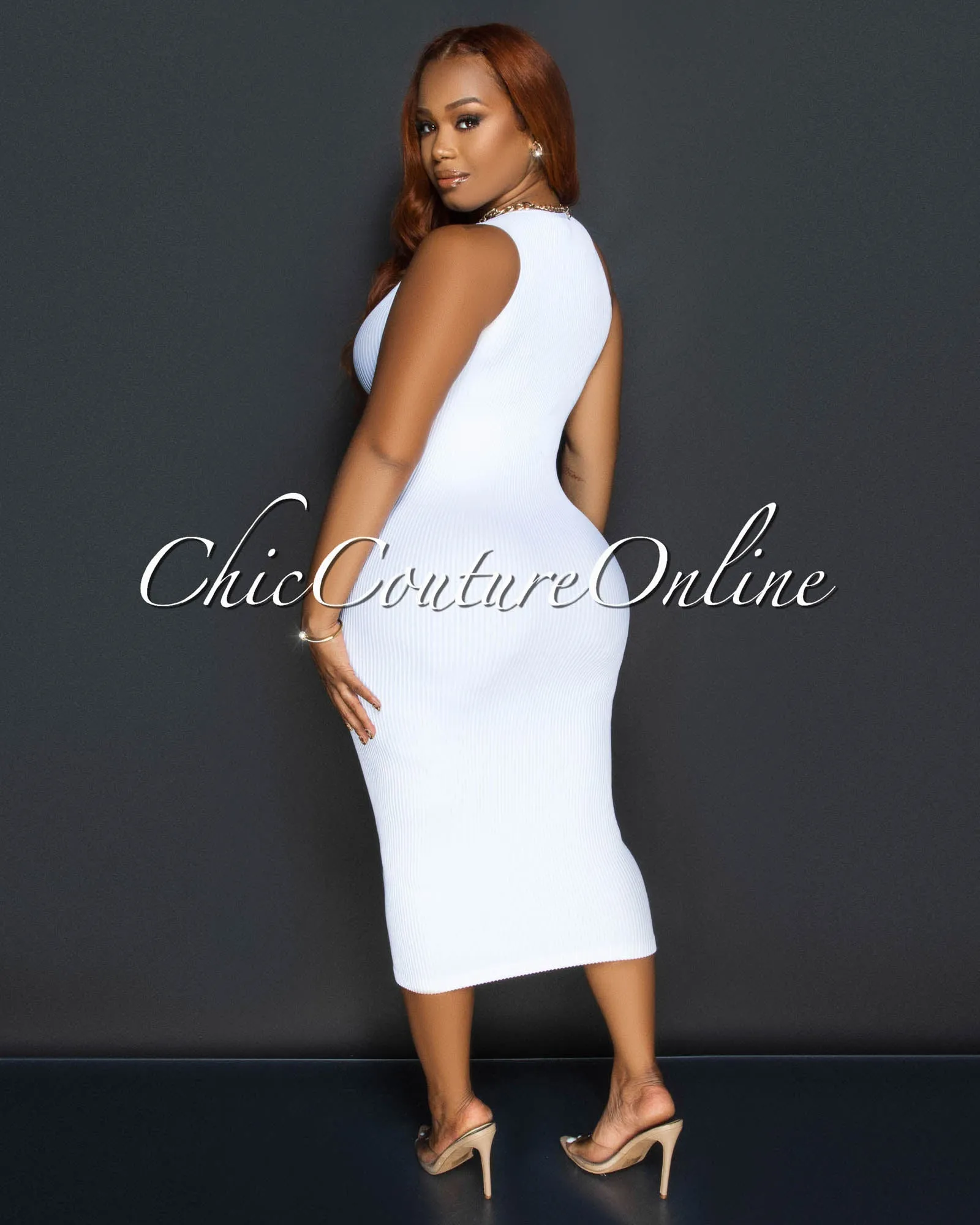 Fiora White Sleeveless Ribbed Midi Dress