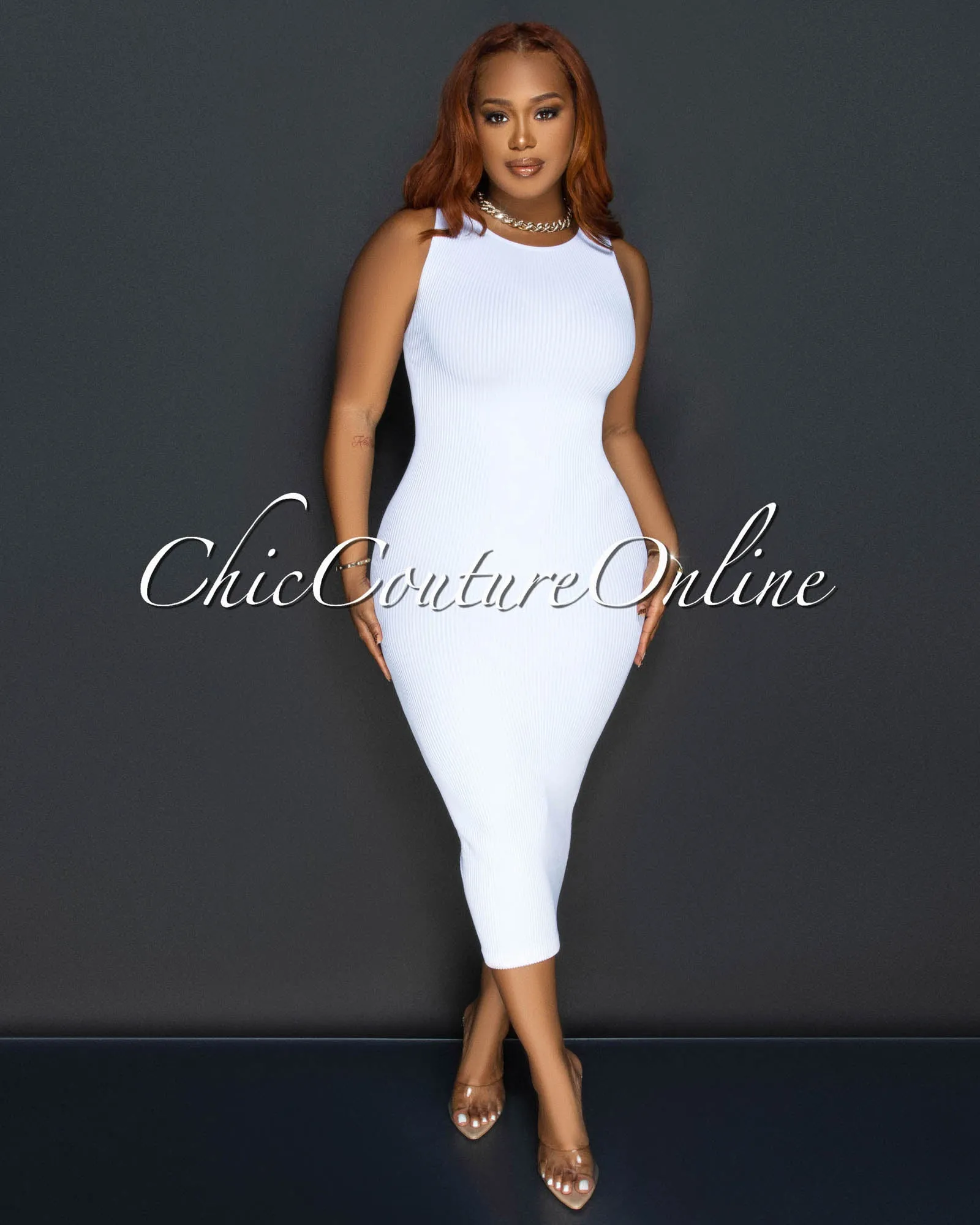 Fiora White Sleeveless Ribbed Midi Dress