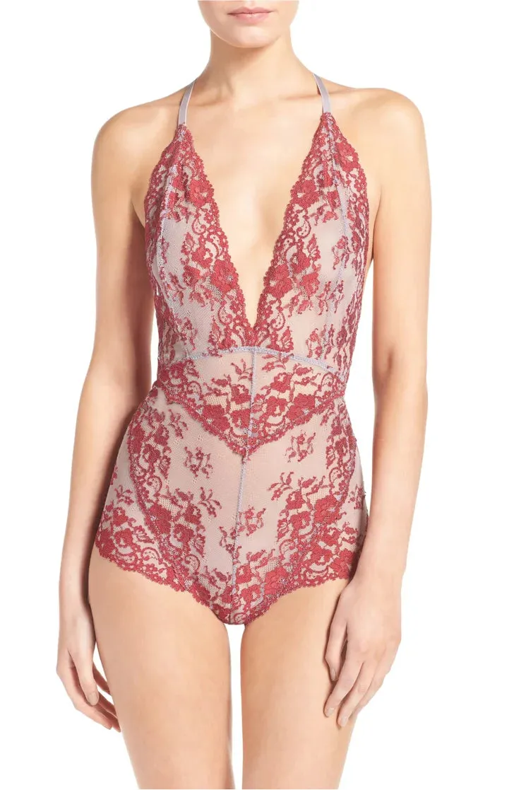 FREE PEOPLE Women's grey mesh w/ cranberry lace overlay "Too Cute To Handle" bodysuit, XS