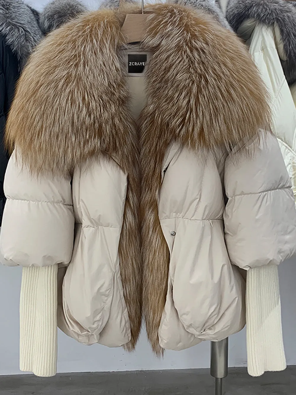 Fur Trim Puffer Jacket in Beige