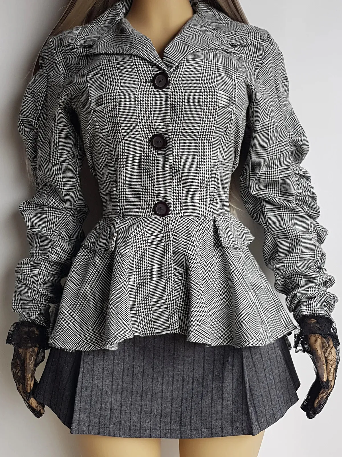 Genuine 1990s Sculptural Avant Garde Suit Jacket - Hourglass Nipped Waist Fit with Feature Sleeves - Light Wool in Grey & Black