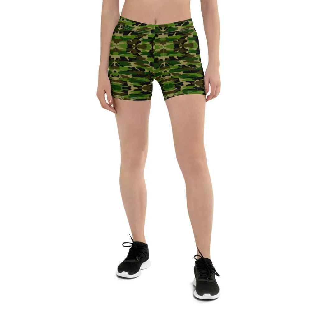 Green Camo Shorts, Camouflage Military Army Print Women's Short Tights-Made in USA/EU