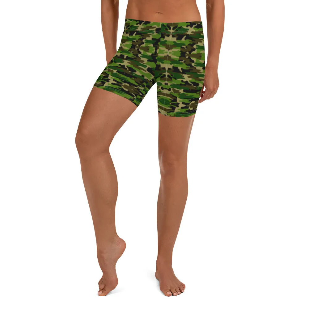 Green Camo Shorts, Camouflage Military Army Print Women's Short Tights-Made in USA/EU