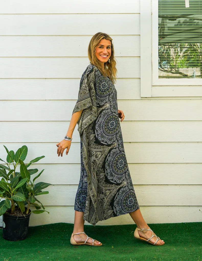 Green Mandala Kimono Kaftan Dress