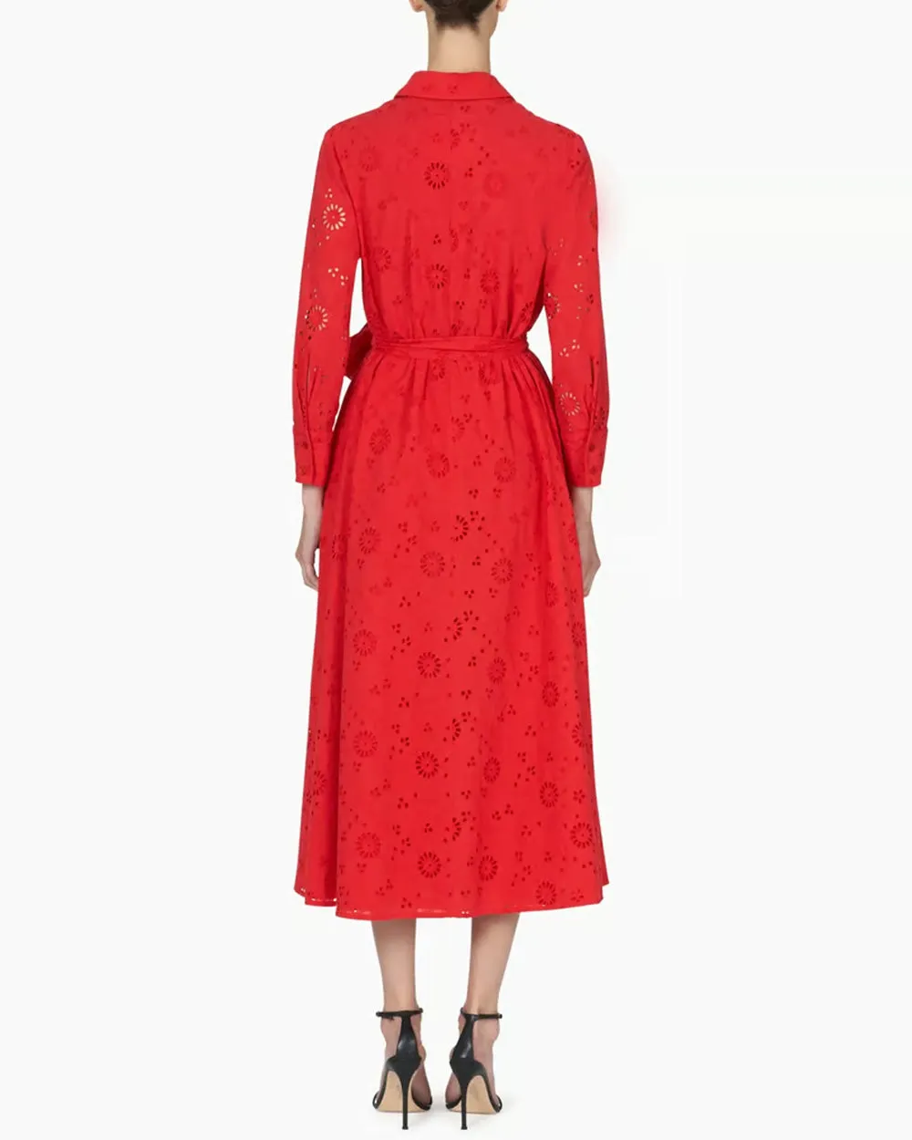 Lacquer Red Collared Tie Waist Midi Shirt Dress