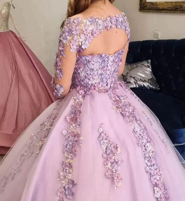 Lilac Ball Gown 3D Floral Lace Applique Long Sleeve Special Occasion Dress Sweet 16 Dress      fg665