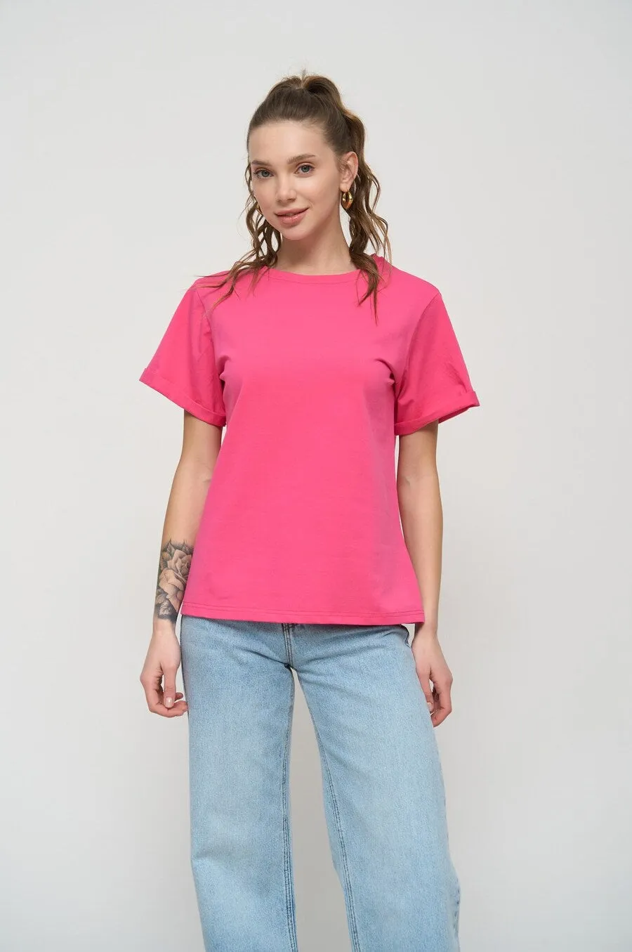 Magenta Pink Oversized Roll Up Sleeve T-Shirt