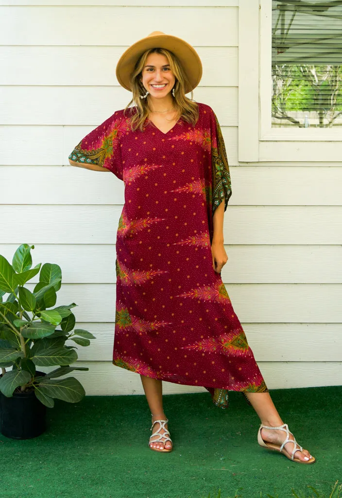 Maroon Peacock Feather Kimono Kaftan Dress