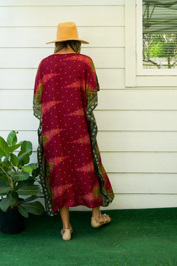 Maroon Peacock Feather Kimono Kaftan Dress