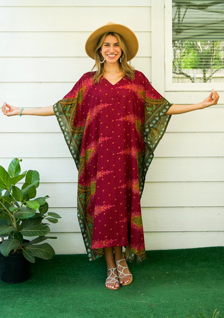 Maroon Peacock Feather Kimono Kaftan Dress