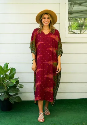 Maroon Peacock Feather Kimono Kaftan Dress