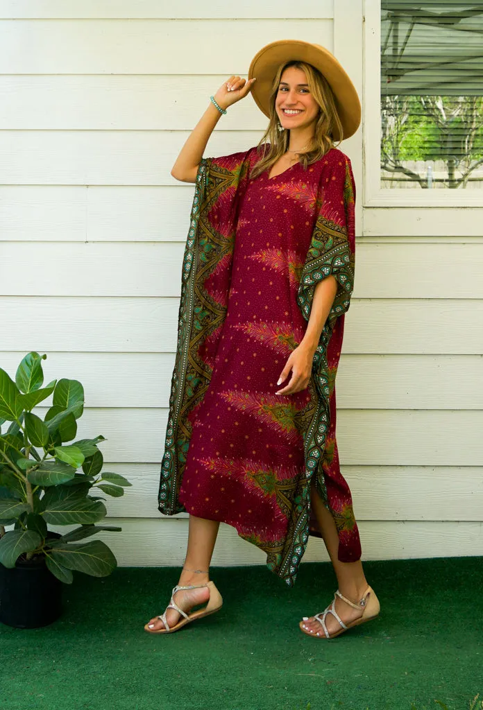 Maroon Peacock Feather Kimono Kaftan Dress